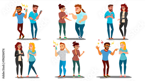 Quarrel People Set Vector. Concept Office Workers  Wife Husband Relationship Characters. Conflict. Disagreements. Negative Emotions. Quarreling People. Angry Colleagues. Shouting. Cartoon Illustration