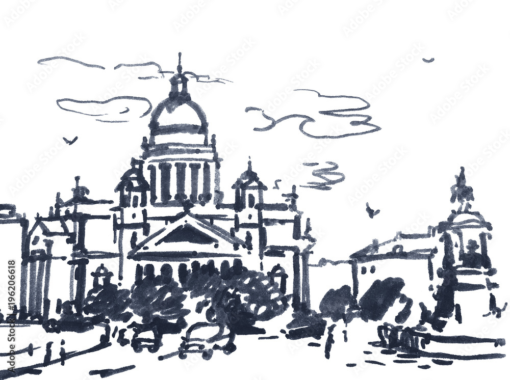 Graphic drawing of St. Isaac's Cathedral in St. Petersburg of Russia.