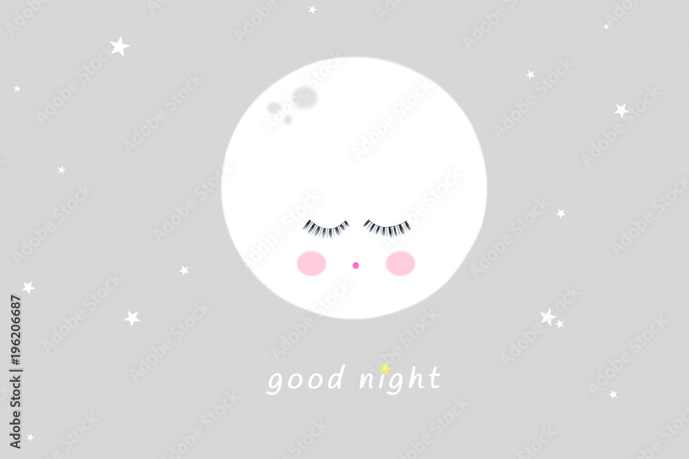 Good night card with the cute sleeping moon, closed eye and scattering little stars.It can be used for posters, postcards, covers, t-shirts, pillows, bags.Concept sweet dream.