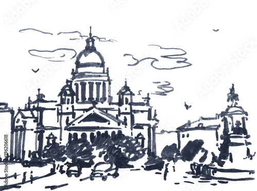 Graphic drawing of St. Isaac's Cathedral in St. Petersburg of Russia.