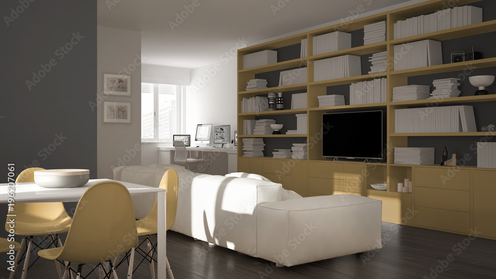 Modern living room with workplace corner, big bookshelf and dining table, minimal white and yellow architecture interior design Modern living room with workplace corner, big bookshelf and dining table, minimal white and yellow architecture interior design