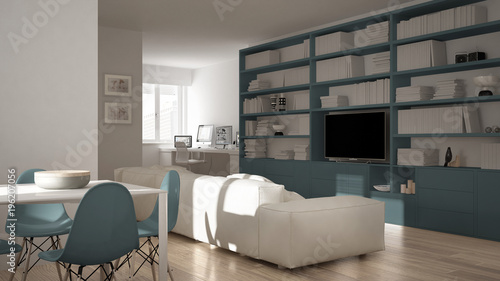 Modern living room with workplace corner  big bookshelf and dining table  minimal white an blue architecture interior design