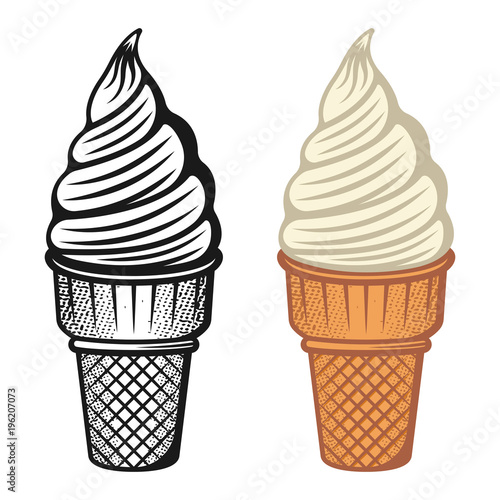Ice cream two style monochrome and colored set of vector objects or design elements isolated on white background