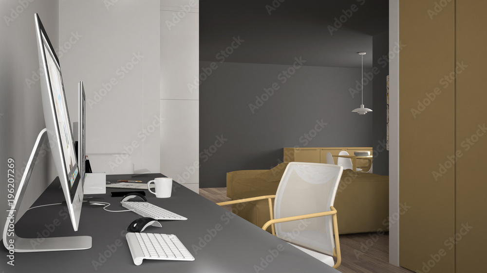 Modern workplace in minimalist house, desk with computers, keywords and mouse, cozy white and yellow architecture interior design Modern workplace in minimalist house, desk with computers, keywords and mouse, cozy white and yellow architecture interior design