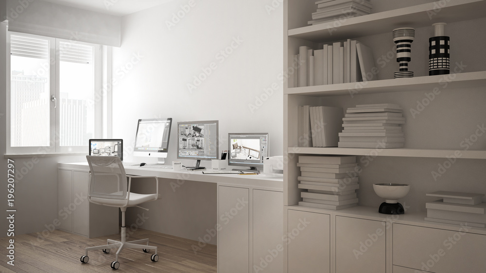 Modern workplace in minimalist house, desk with computers, big bookshelf, cozy white architecture interior design Modern workplace in minimalist house, desk with computers, big bookshelf, cozy white architecture interior design