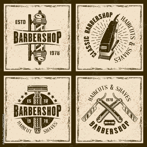Barbershop four colored emblems, badges, stamps or shirt prints on background with grunge textures and frame vector illustration