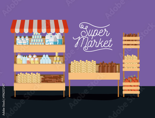 supermarket three shelves colorful poster design with foods and beverages vector illustration