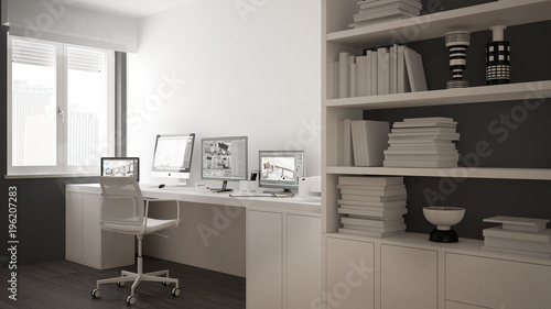 Modern workplace in minimalist house, desk with computers, big bookshelf, cozy white and gray architecture interior design © ArchiVIZ