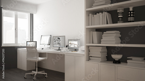 Modern workplace in minimalist house, desk with computers, big bookshelf, cozy white and gray architecture interior design