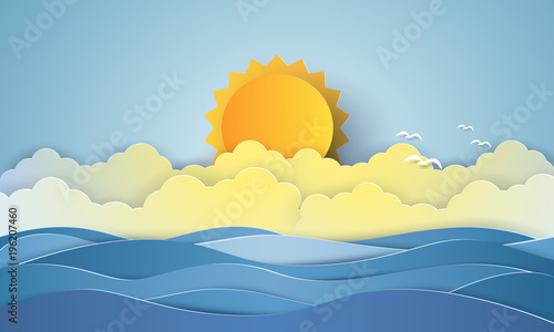 Seascape , blue sea with flock of birds , cloud and sun , paper art style