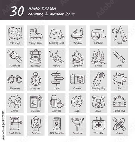 Collection of camping and hiking equipment icons. Hand drawn style. Each icon has his own description below: caravan, fishing, campfire, lantern, compass... Vector illustration.
