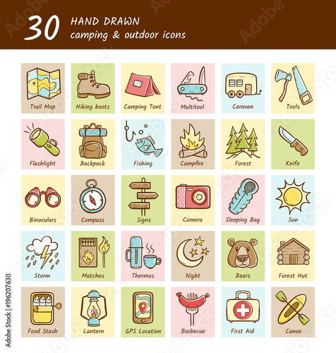 Hand drawn camping and hiking icons with text description below. Caravan, fishing, campfire, lantern, compass... Vector illustration.