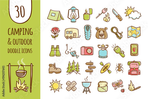 Camping and hiking equipment icons. Collection of 30 forest and camping elements in hand drawn style. Vector isolated on white background.