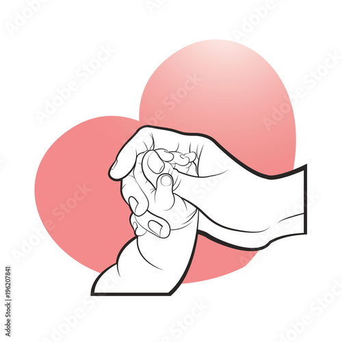 hand holding kid hand over pink color heart vector illustration