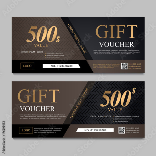 Voucher template with gold and brown certificate. Background design coupon, invitation, currency. Set of stylish gift voucher with golden pattern. gift card, coupon.Isolated from the background.