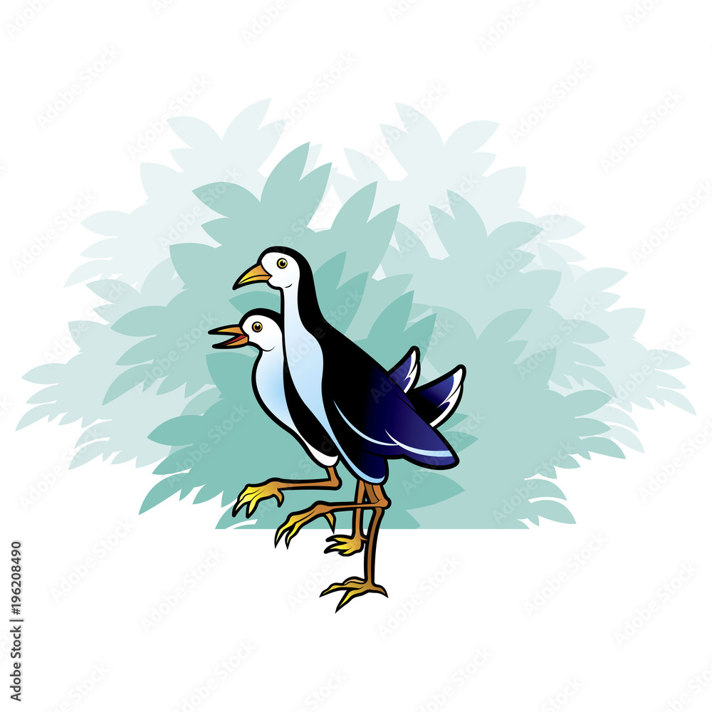 Fototapeta premium two water hens walking over blue bush tree vector cartoon