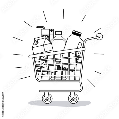 shopping cart with food purchases monochrome silhouette vector illustration