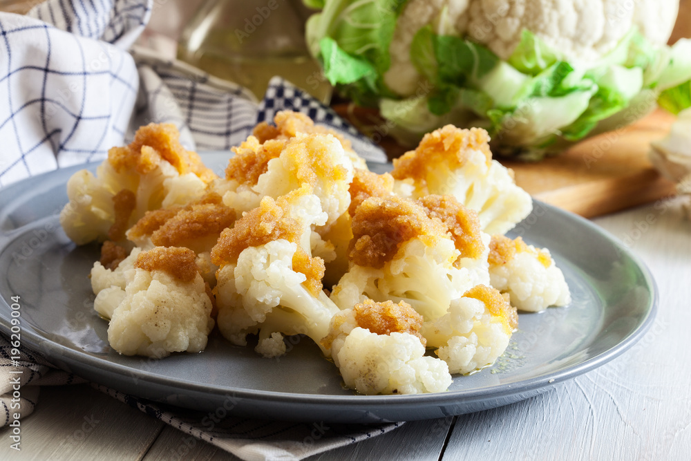 Vegetarian cooked cauliflower with bread crumb Vegetarian cooked cauliflower with bread crumb