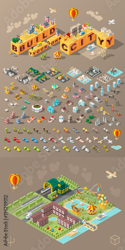 Build Your Own City . Set of Isolated Minimal City Vector Elements on Dark Background