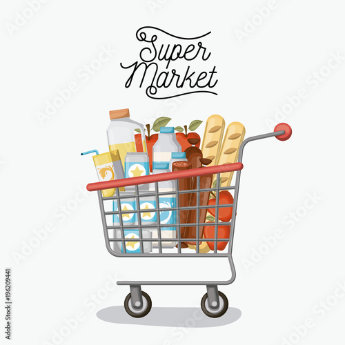supermarket colorful poster with shopping cart with foods and drinks vector illustration