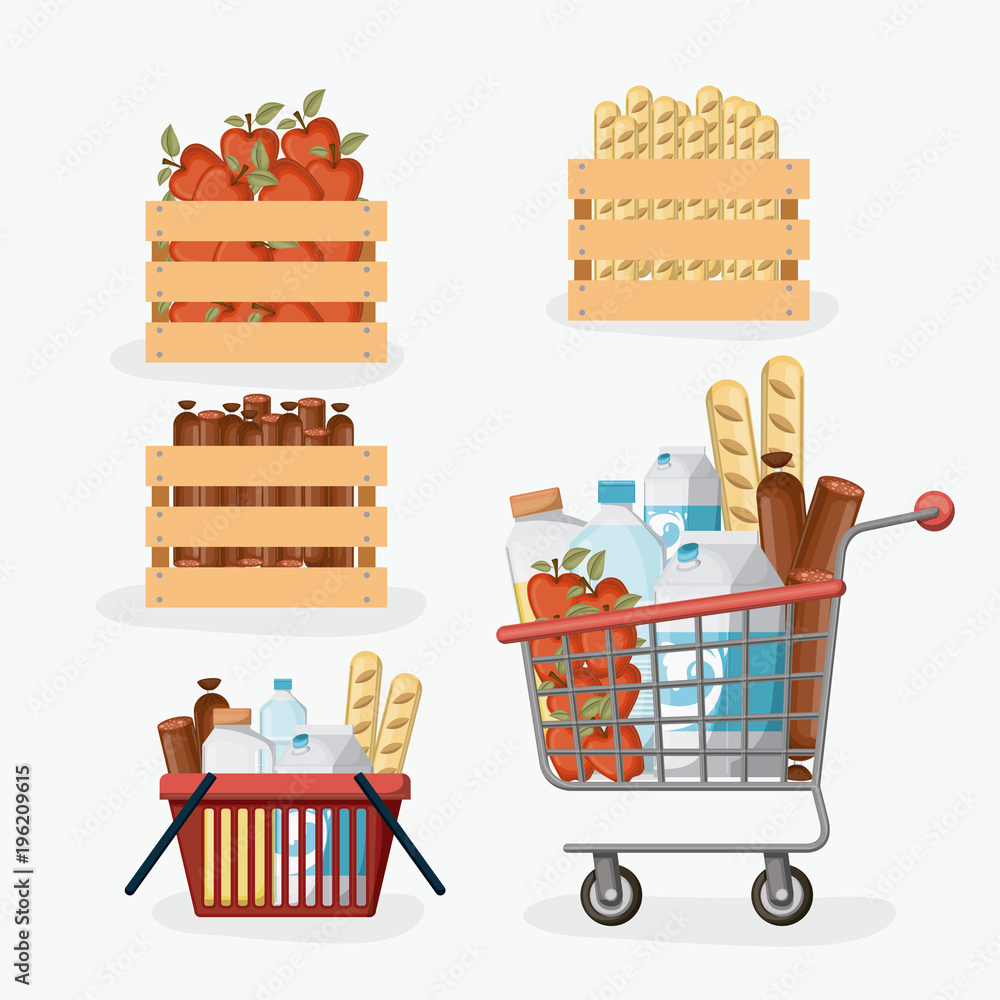 Φωτογραφία supermarket colorful set with shelf and baskets and shopping cart with foods and