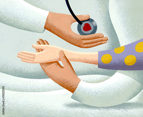 Illustration of doctor checking pulse of patient photo