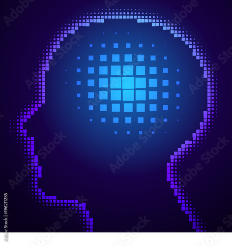 blue pixeated profile with idea symbol, vector illustration