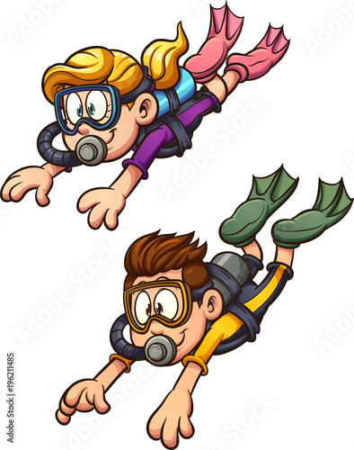 Scuba diving kids. Vector clip art illustration with simple gradients. Each on a separate layer. 