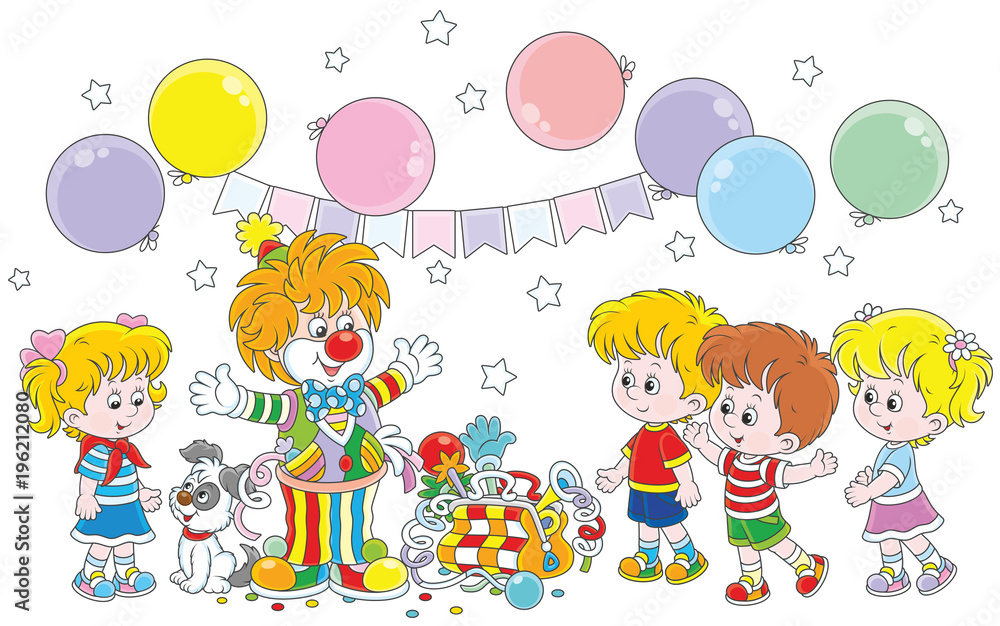 Friendly smiling circus clown in a colorful suit with his pup, toys and balloons playing with small children, a vector illustration in a cartoon style Friendly smiling circus clown in a colorful suit with his pup, toys and balloons playing with small children, a vector illustration in a cartoon style