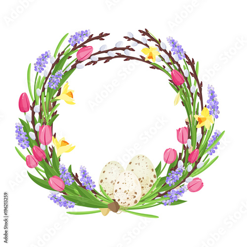 Spring wreath from branches of willow and flowers decorated with quail eggs and narcissuses and mouse hyacinths . Traditional symbols of Catholic and Christian spring holiday. Vector illustration.