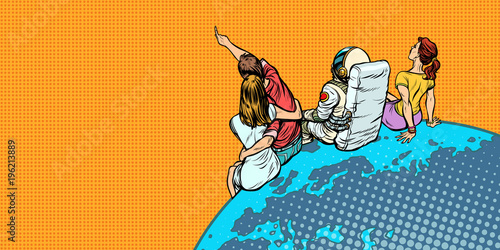 people and an astronaut sitting on planet Earth watching the sky