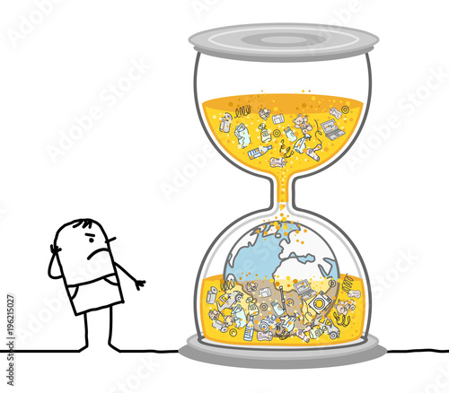 Cartoon Man Watching a Polluted Earth in Hourglass