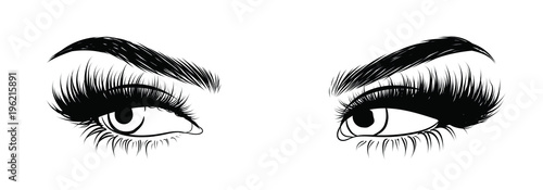 Illustration of woman's sexy luxurious eye with perfectly shaped eyebrows and full lashes. Hand-drawn Idea for business visit card, typography vector. Perfect salon look.