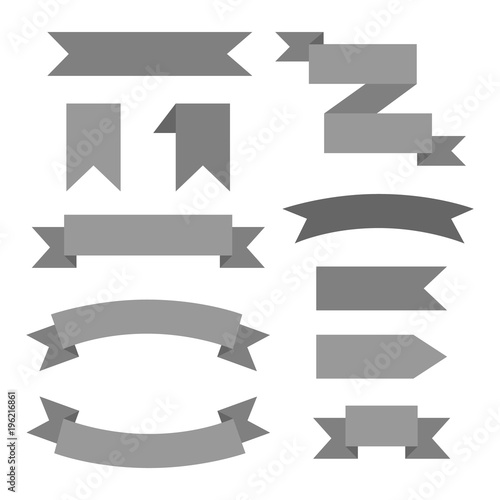 Set of grey web graphic decorative ribbons, vector icons. Different variations of classic ribbon shapes isolated on white background.