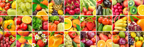 Lot images fruits  vegetables and berries in frame.