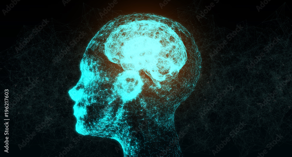 Fototapeta D Rendering Of Abstract Network Connection Mesh Of Human Head With Brain On Plexus Background