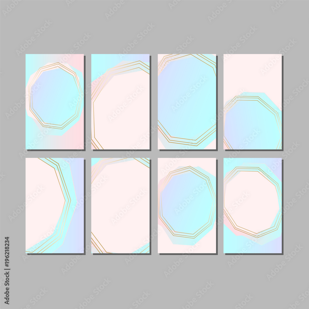 Fototapeta premium Set of Trendy Chic pastel colored cards with Gold geometric shapes. Abstract unusual textures for wedding invitation cards, business cards, fashion headers, posters, artistic backgrounds. Vector