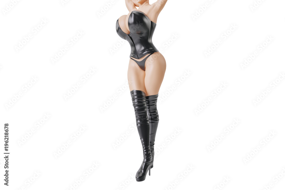 Beautiful busty woman in black leather corset and high heels Beautiful busty woman in black leather corset and high heels