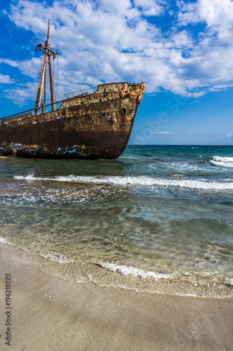 The famous, old and rusty shipwreck Agios Dimitrios in Gythio of Peloponnese in Greece