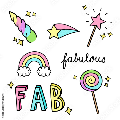 Fabulous, sparkling, magic, rainbow hand drawn doodle vector illustrations set. Unicorn horn, rainbow, magic wand, comet star, sweet lollipop and fabulous writings, isolated.