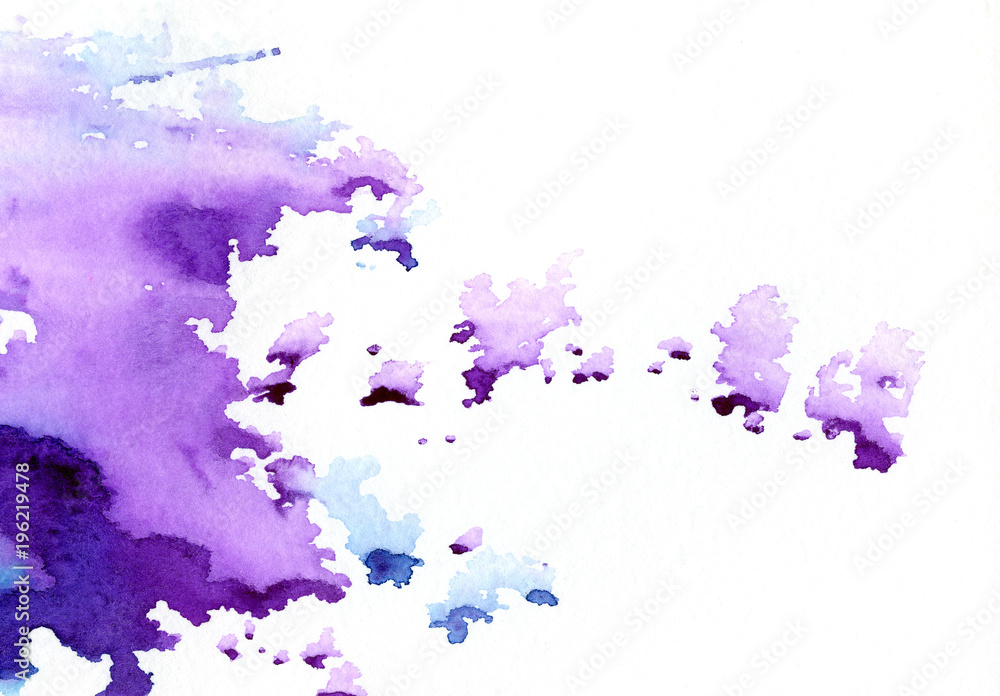 Bright violet blue watercolor stains, blot with splashes. Hand painted colorful watercolor background for banner, print, template, cover, decoration