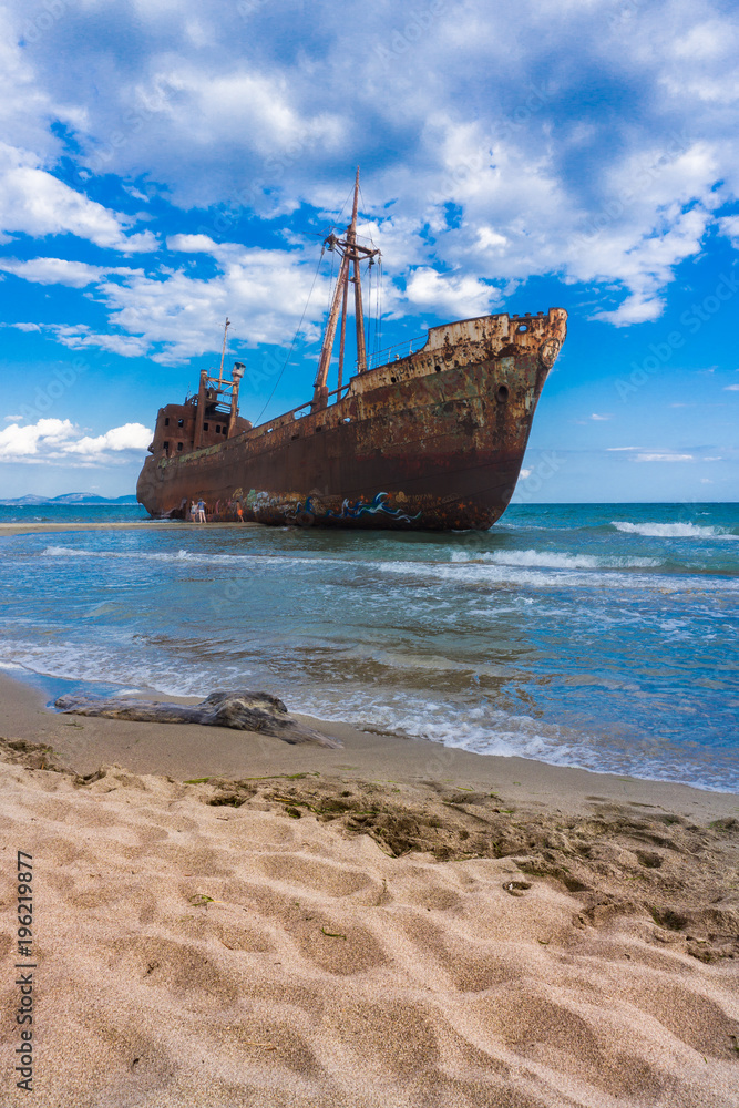 The famous, old and rusty shipwreck Agios Dimitrios in Gythio of Peloponnese in Greece The famous, old and rusty shipwreck Agios Dimitrios in Gythio of Peloponnese in Greece
