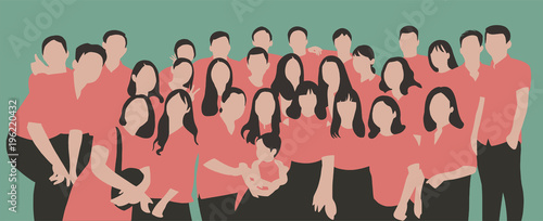 Flat illustration of young people, friends, classmates, students, colleagues, family posing for group photo