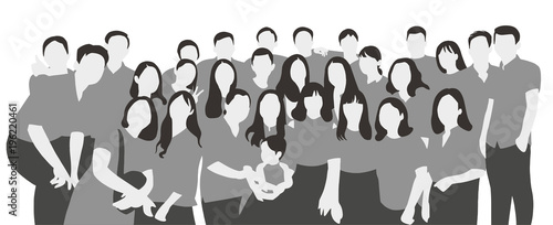 Flat illustration of young people, friends, classmates, students, colleagues, family posing for group photo