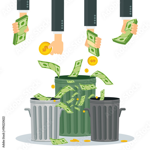 Cash flow. Banknotes fly away into black hole. Bankruptcy and collapse of monetary system. Flat vector cartoon cash flow illustration. Objects isolated on a white background.