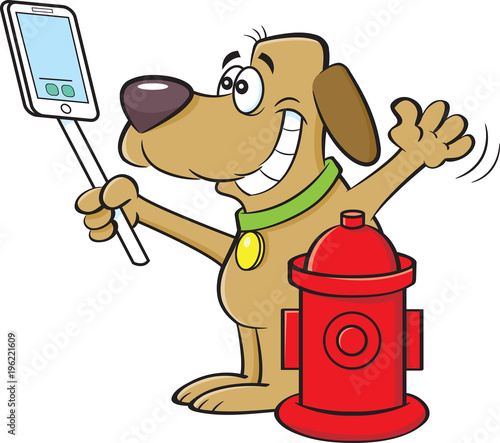 Cartoon illustration of a dog taking a selfie with a fire hydrant.