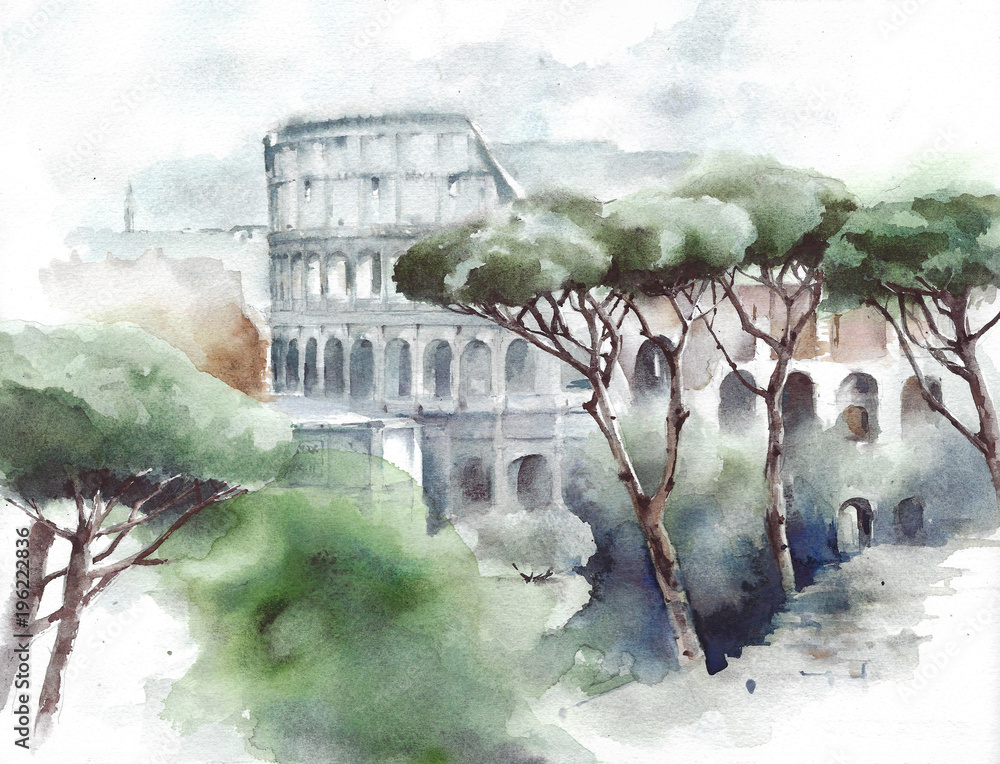 Fototapeta Włochy Koloseum w Rzymie - malarstwo akwarela