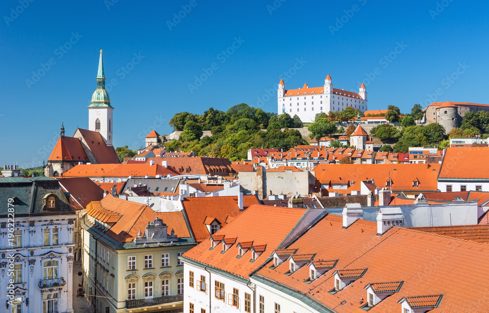 View on old town in Bratislava city,castle and Saint Martin cathedral,Bratislava,Slovakia