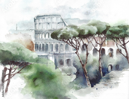 Italy landmark Rome Colosseum landscape with pines watercolor painting illustration