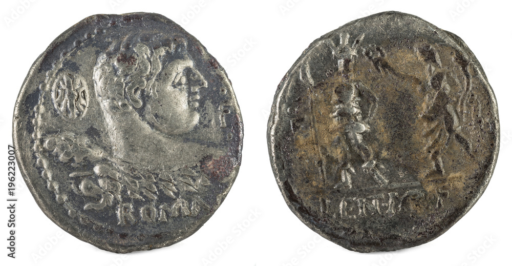 Fototapeta premium Roman Republic Coin. Ancient Roman silver denarius of the family Cornelia.